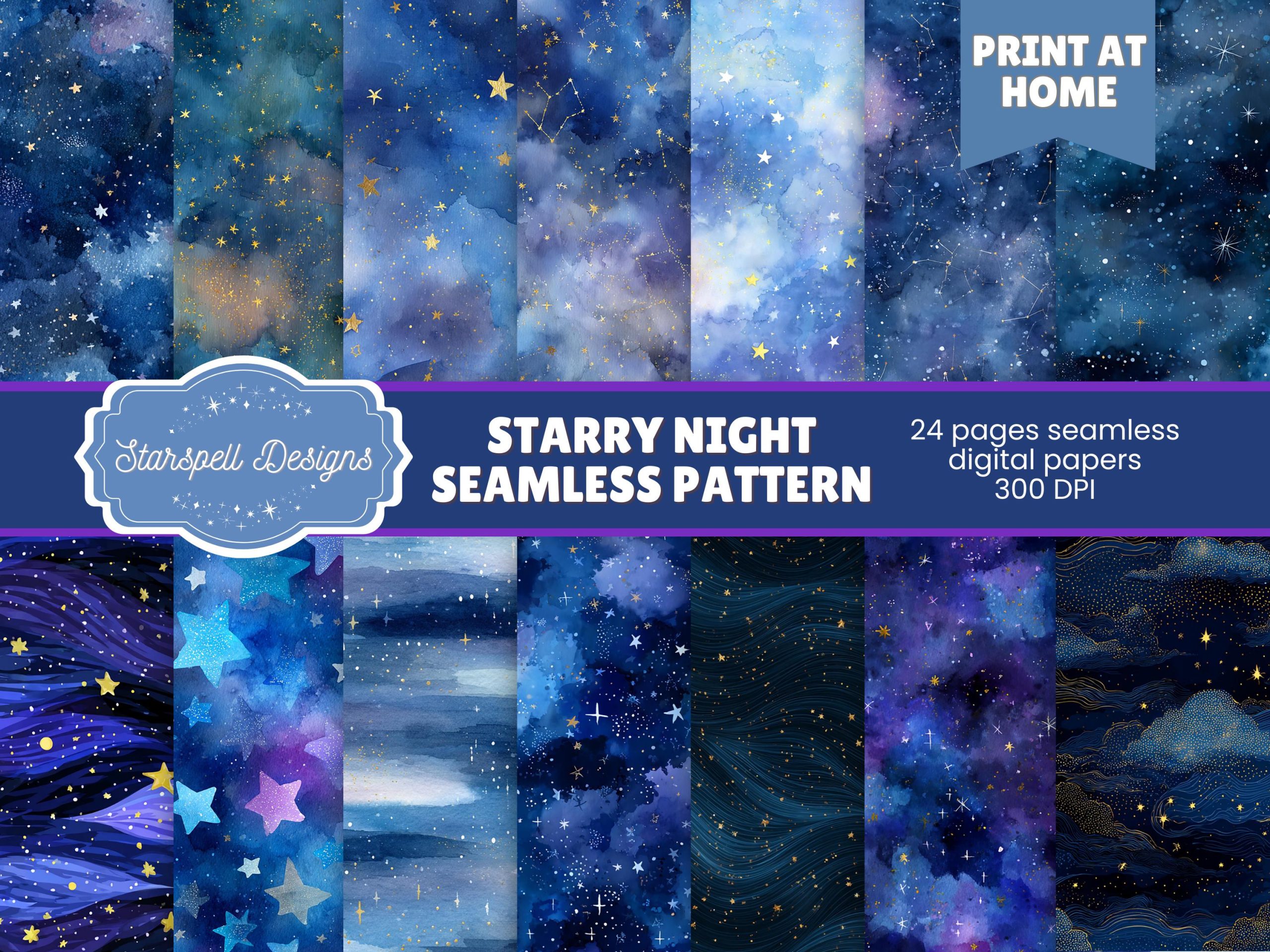 Starry Night Sky Digital Seamless Pattern - Starspell Designs